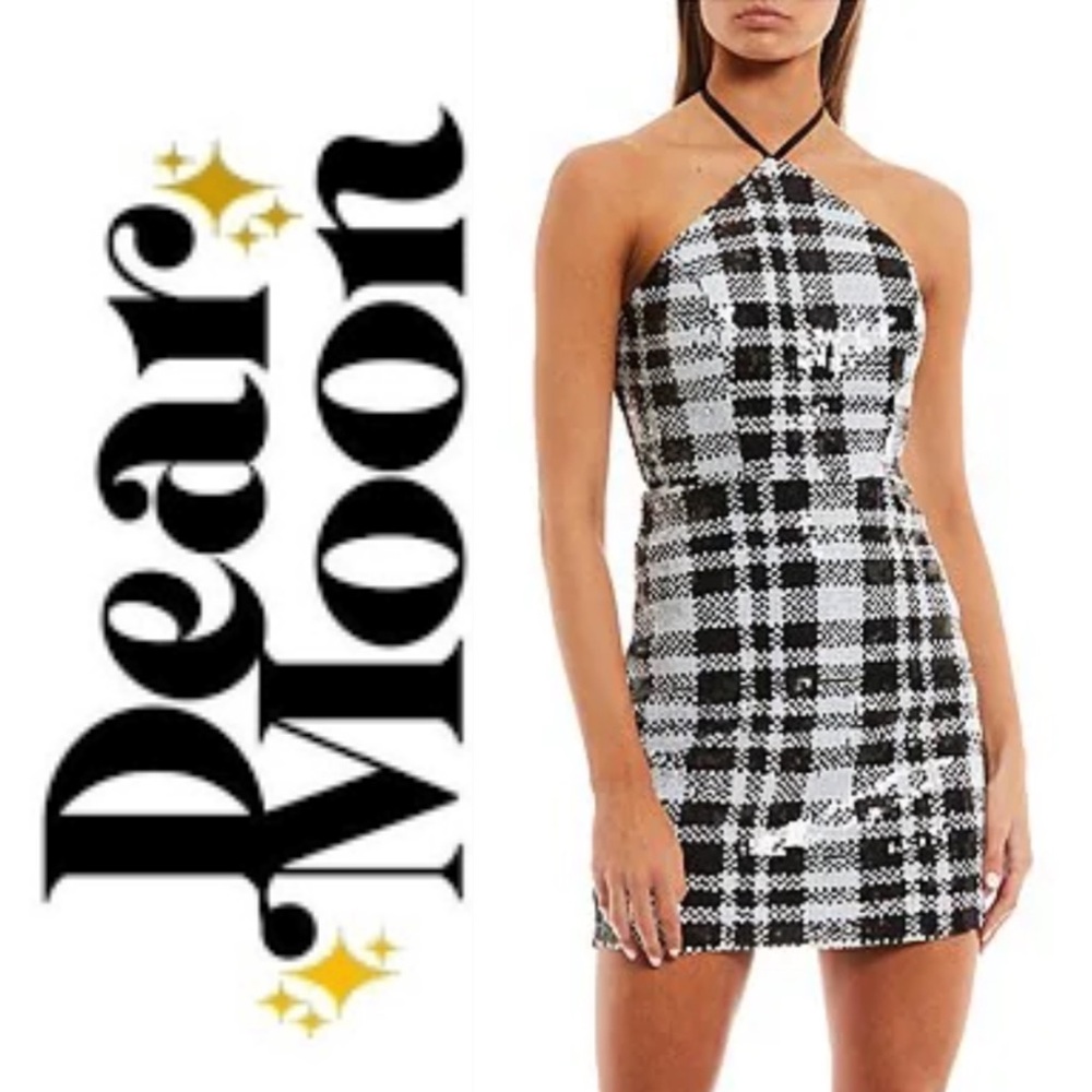 DEAR MOON Black & White Halter Neck Sequin Plaid Print Dress